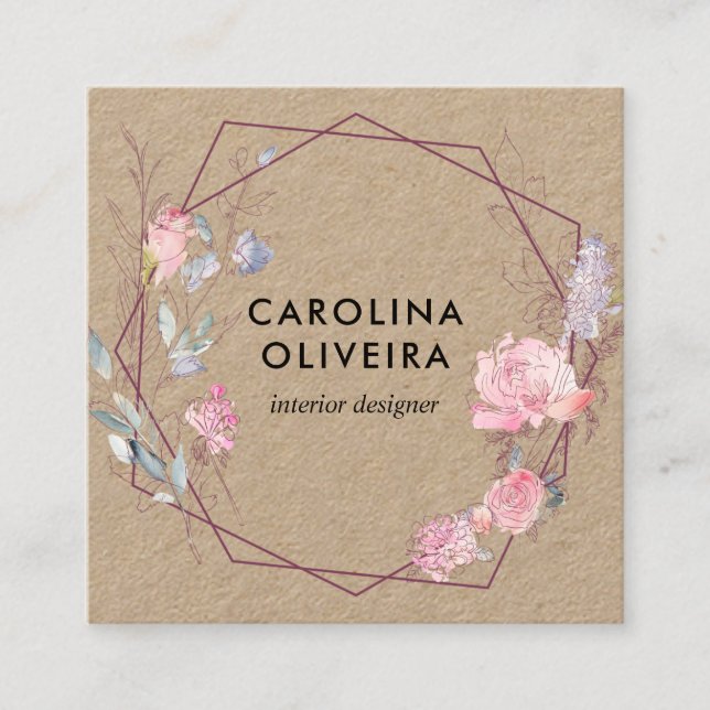Blush Pink Flowers Geometric Kraft Square Business Card (Front)