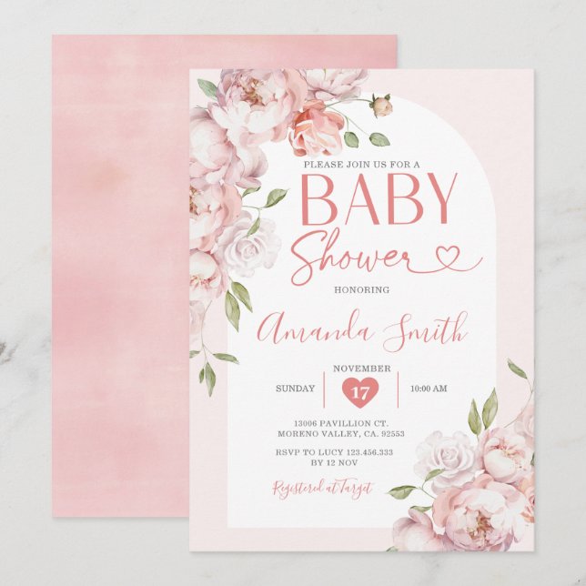 Blush Pink Flowers Girl Baby Shower Greenery Invitation (Front/Back)