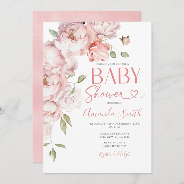 Blush Pink Flowers Girl Baby Shower Greenery Invitation (Front/Back)