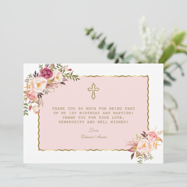 Blush Pink Flowers Gold 1st Birthday Baptism Thank You Card (Standing Front)