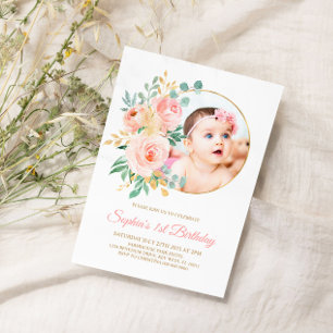 Blush Pink Flowers & Gold Baby’s First Birthday Invitation