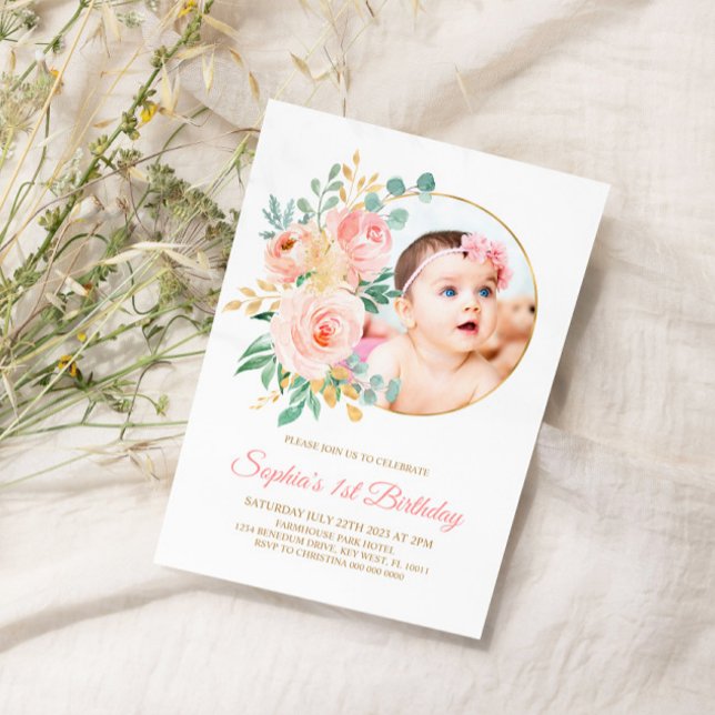 Blush Pink Flowers & Gold Baby’s First Birthday Invitation (Creator Uploaded)