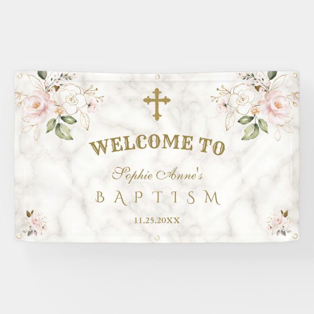Blush Pink Flowers Gold Baptism Welcome Sign (Horizontal)