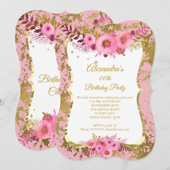 Blush Pink Flowers Gold Birthday Party 2 Invitation (Front/Back)