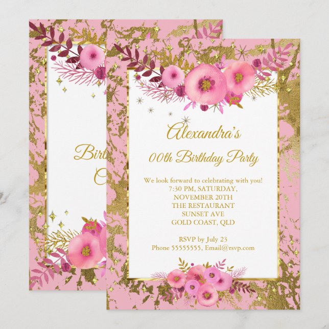 Blush Pink Flowers Gold Birthday Party Invitation (Front/Back)
