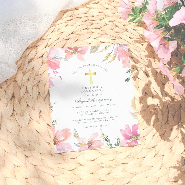 Blush Pink Flowers Gold Cross First Holy Communion Invitation Postcard (Creator Uploaded)