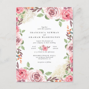 Blush Pink Flowers & Gold Dust Botanical Wedding Invitation Postcard