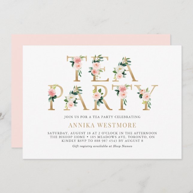 Blush Pink Flowers Gold Foil Spring Tea Party Invitation (Front/Back)