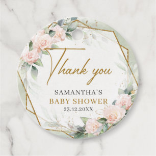 Blush pink flowers gold frame greenery baby shower favour tags