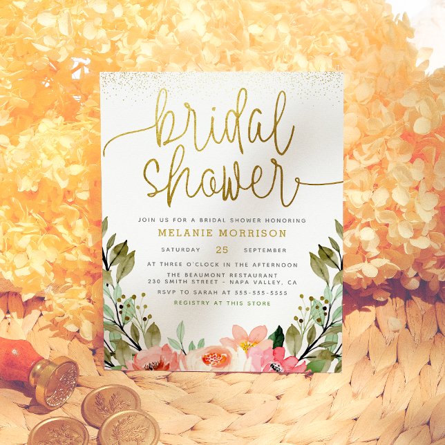 Blush Pink Flowers & Gold Garden Bridal Shower Invitation Postcard (Creator Uploaded)