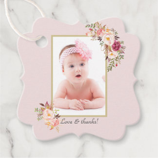 Blush Pink Flowers Gold Girl Photo Baptism Favour Tags