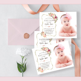 Blush Pink Flowers Gold Girl Photo Baptism Invitation