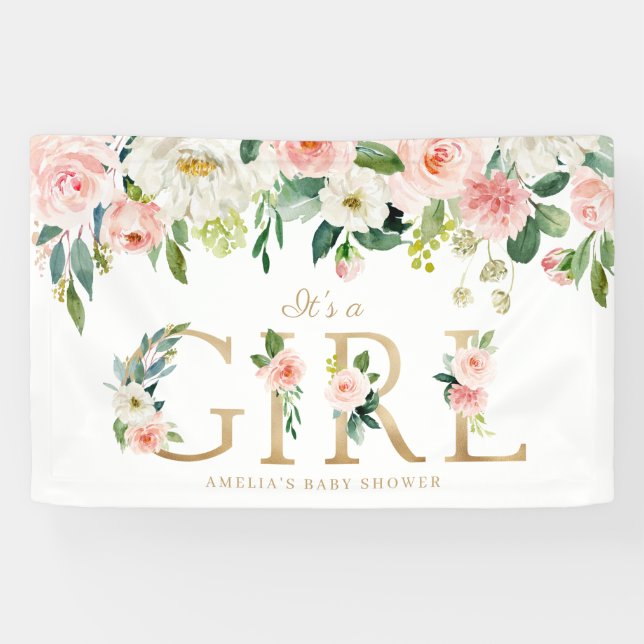 Blush Pink Flowers Gold It's a Girl Baby Shower Banner (Horizontal)