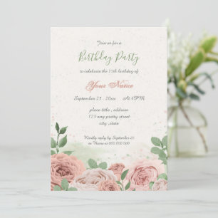 blush pink flowers green leaves birthday invitation