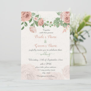 blush pink flowers green leaves wedding invitation