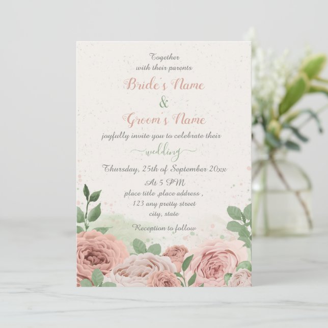 blush pink flowers green leaves wedding invitation (Standing Front)