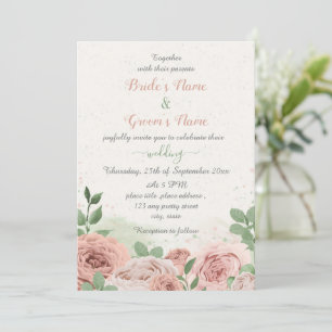 blush pink flowers green leaves wedding invitation