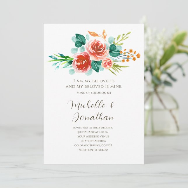 Blush Pink Flowers Greenery Bible Verse Wedding Invitation (Standing Front)