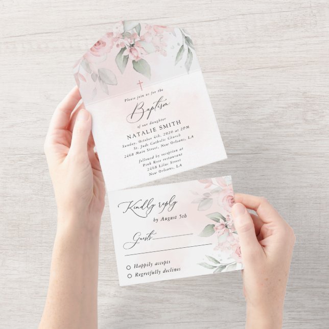 Blush Pink Flowers, Greenery, Boho, Floral Baptism All In One Invitation (Tearaway)
