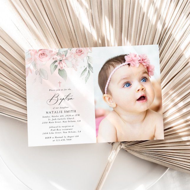 Blush Pink Flowers, Greenery, Boho, Floral Baptism Invitation (Creator Uploaded)