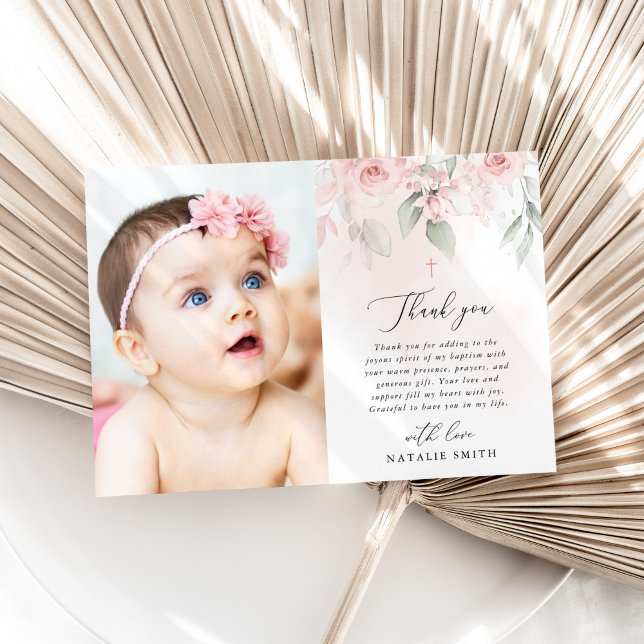 Blush Pink Flowers, Greenery, Boho, Floral Baptism Thank You Card (Creator Uploaded)