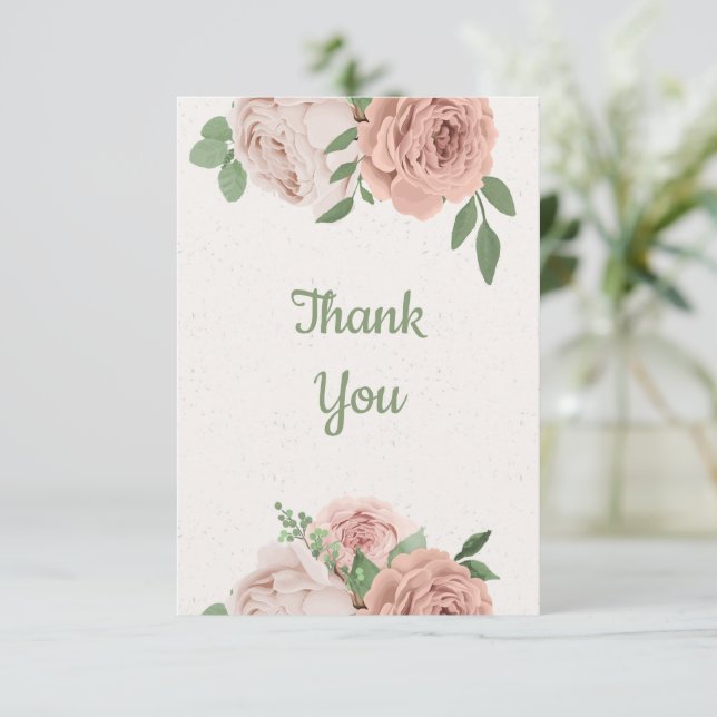 blush pink flowers greenery botanical thank you card (Standing Front)