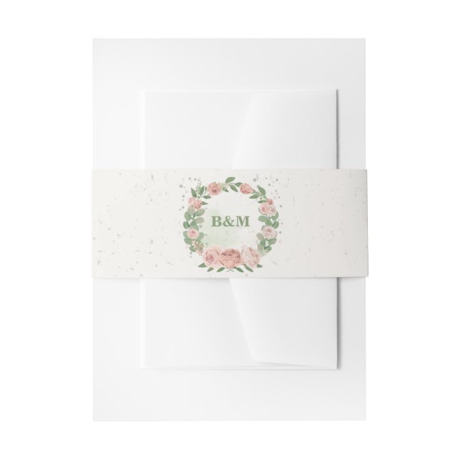 blush pink flowers greenery botanical wedding invitation belly band (Front Example)