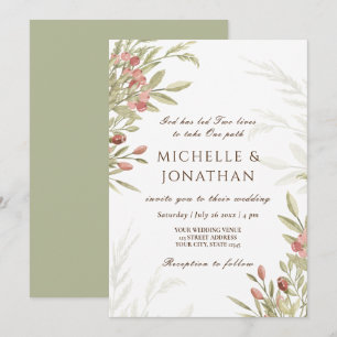 Blush Pink Flowers Greenery Christian Wedding Invitation