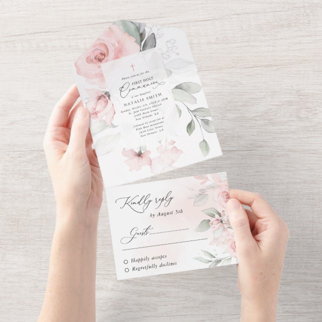 Blush Pink Flowers, Greenery, First Holy Communion All In One Invitation (Tearaway)