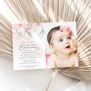 Blush Pink Flowers, Greenery, First Holy Communion Invitation