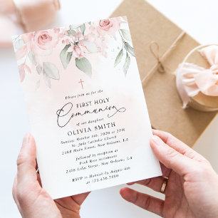 Blush Pink Flowers, Greenery, First Holy Communion Invitation