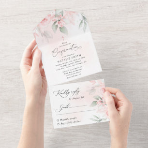 Blush Pink Flowers, Greenery, Floral Confirmation All In One Invitation