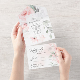 Blush Pink Flowers, Greenery, Floral Confirmation All In One Invitation