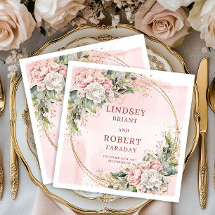 Blush Pink Flowers Greenery Gold Glitter Wedding  Napkin