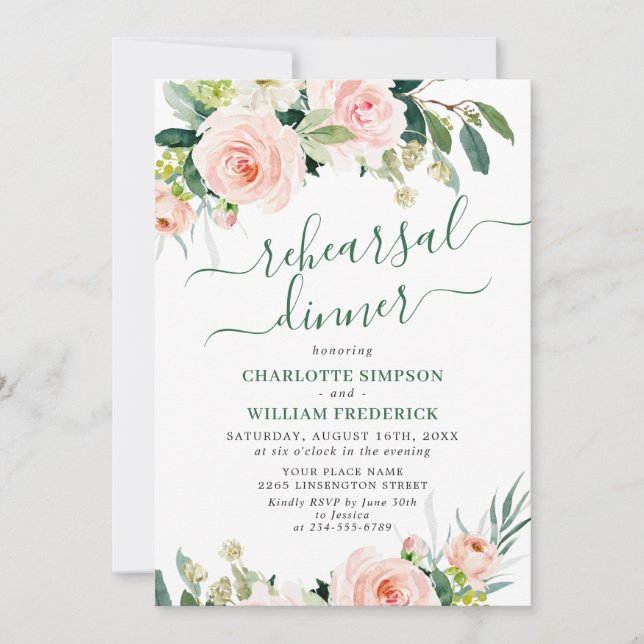 Blush Pink Flowers Greenery REHEARSAL DINNER Invitation (Front)