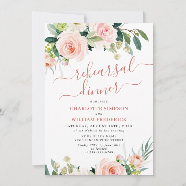 Blush Pink Flowers Greenery REHEARSAL DINNER Invitation (Front)