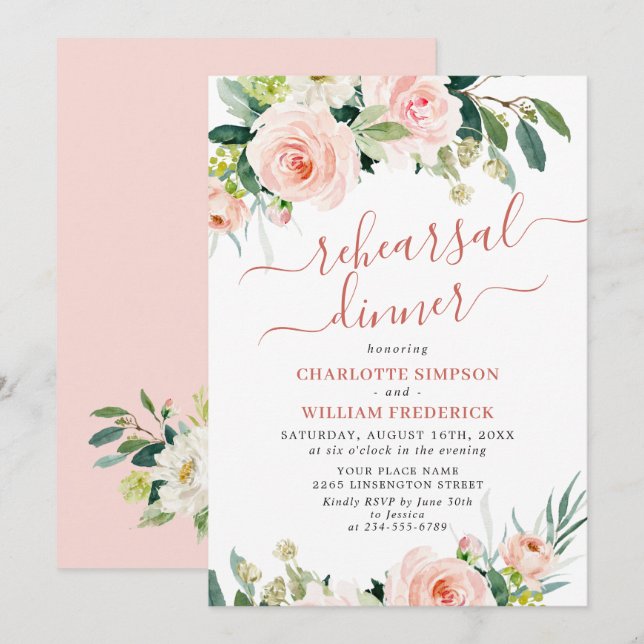 Blush Pink Flowers Greenery REHEARSAL DINNER Invitation (Front/Back)