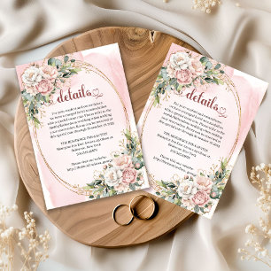 Blush Pink Flowers Greenery Wedding Details Card