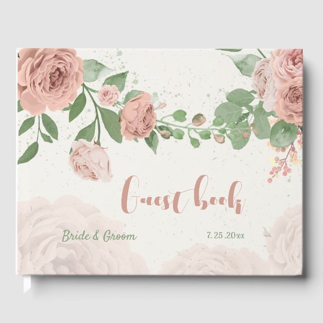 blush pink flowers greenery wedding guest book (Front)