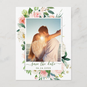 Blush Pink Flowers Greenery Wedding Save the Date Postcard