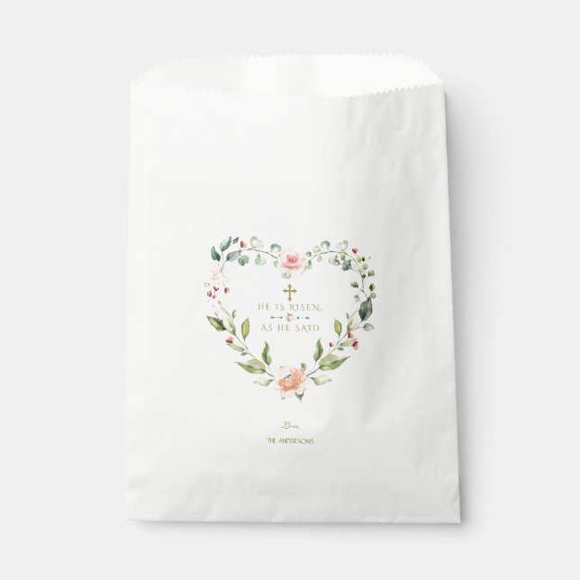 Blush Pink Flowers He Is Risen Gold Easter Favour Bags (Front)