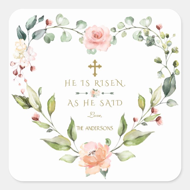 Blush Pink Flowers He Is Risen Gold Easter Square Sticker (Front)