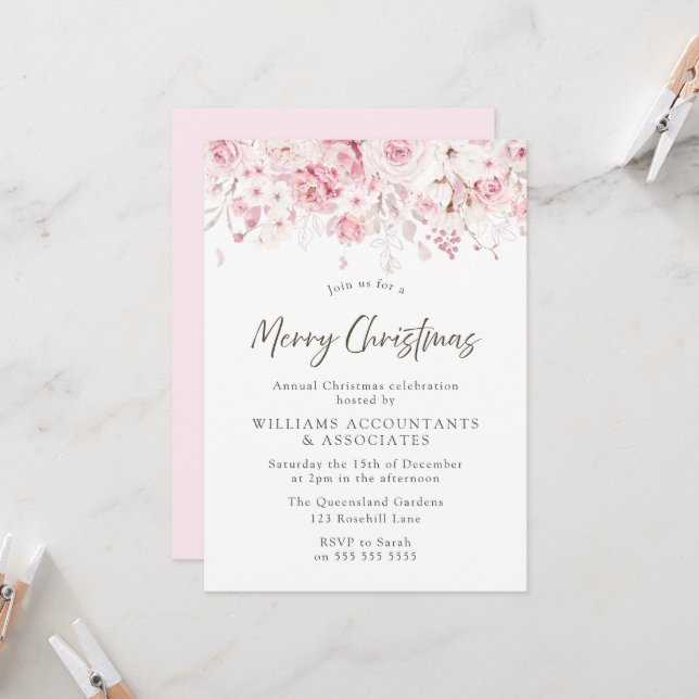 Blush Pink Flowers Merry Christmas Party Invitation (Front/Back In Situ)