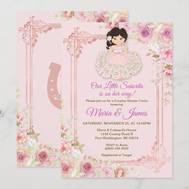 Blush Pink Flowers Mexican Fiesta Couples shower  Invitation (Front/Back)
