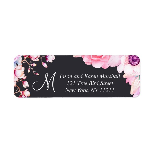 Blush Pink Flowers on Black Address Labels (Front)