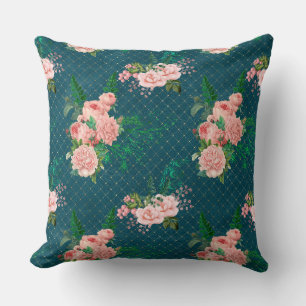 Blush Pink Flowers On Blue Cushion