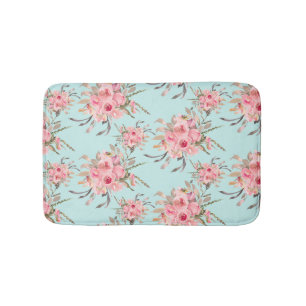 Blush Pink Flowers on Light Blue Bath Mat