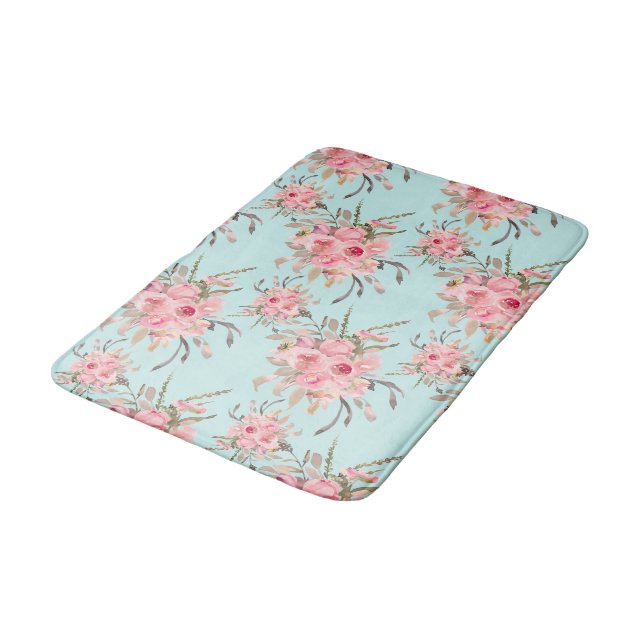 Blush Pink Flowers on Light Blue Bath Mat (Angled)