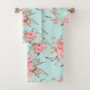 Blush Pink Flowers on Light Blue Bath Towel Set