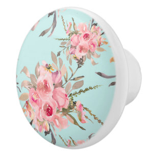 Blush Pink Flowers on Light Blue Ceramic Knob